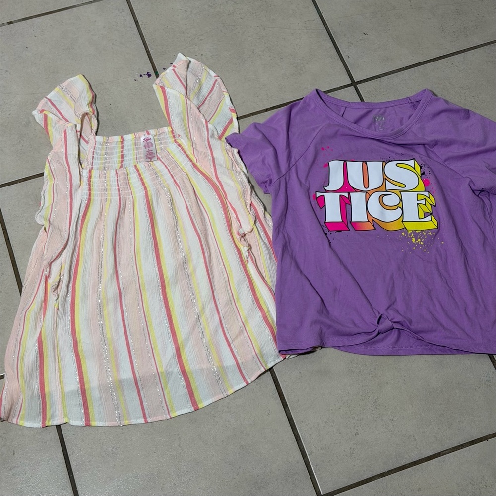 Justice Kids Girl Purple Graphic Tee/Striped‎ Blouse size L (12/14)